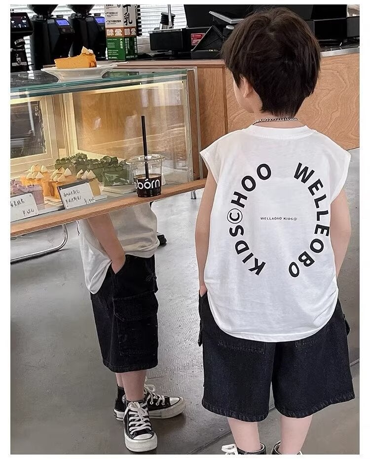 Children'S Cotton Summer T-Shirt 2024 Arrival Boys Korean Style Sleeveless T-Shirt Trendy Letter Printed Vest - Image 1