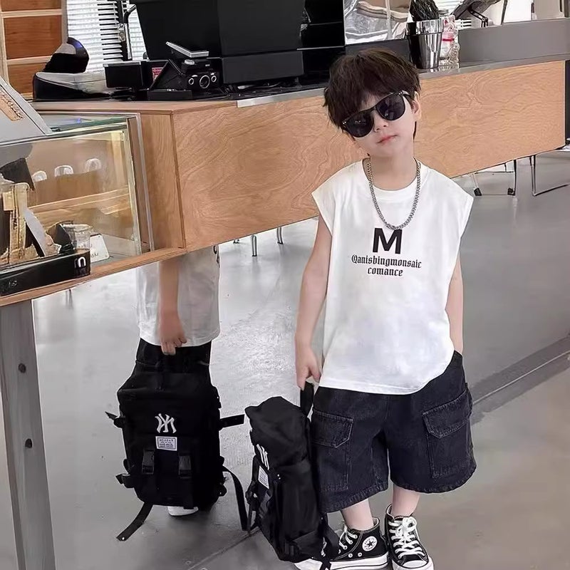Children'S Cotton Summer T-Shirt 2024 Arrival Boys Korean Style Sleeveless T-Shirt Trendy Letter Printed Vest - Image 3