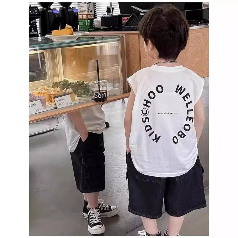 Children'S Cotton Summer T-Shirt 2024 Arrival Boys Korean Style Sleeveless T-Shirt Trendy Letter Printed Vest - Image 2