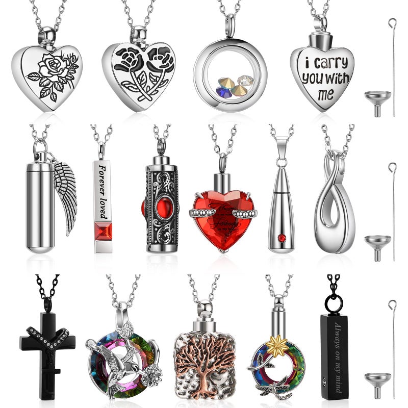 Ecation 15 Pcs Urn Necklace for Ashes Keepsake Cremation Jewelry Stainless Steel Cross Heart Cubic Locket Ashes Necklace Crystal Memorial Pendant for Human Women Men Loved Ones 15 Styles Red - Image 2