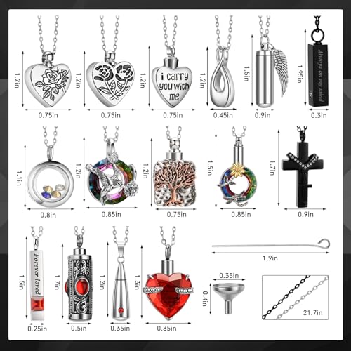 Ecation 15 Pcs Urn Necklace for Ashes Keepsake Cremation Jewelry Stainless Steel Cross Heart Cubic Locket Ashes Necklace Crystal Memorial Pendant for Human Women Men Loved Ones 15 Styles Red - Image 3