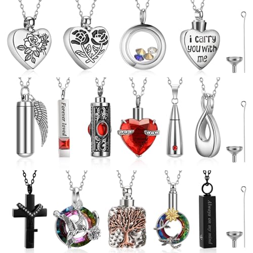 Ecation 15 Pcs Urn Necklace for Ashes Keepsake Cremation Jewelry Stainless Steel Cross Heart Cubic Locket Ashes Necklace Crystal Memorial Pendant for Human Women Men Loved Ones 15 Styles Red - Image 1