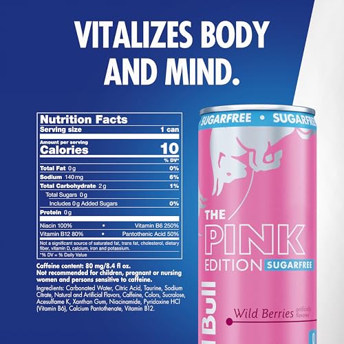 Red Bull Pink Edition Sugar-Free Energy Drink, Wild Berries, with 80mg Caffeine plus Taurine & B Vitamins, 8.4 Fl Oz, 6 Packs of 4 Cans (Pack of 24) - Image 2