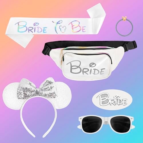 Chug Buddy Mouse Ears Set - Bride Accessories - Bachelorette Party Favors - Bride Bachelorette Outfit Accessories to Match Bachelorette Outfit for Bride - Magic Kingdom (Iridescent/White Bride, 1) - Image 1