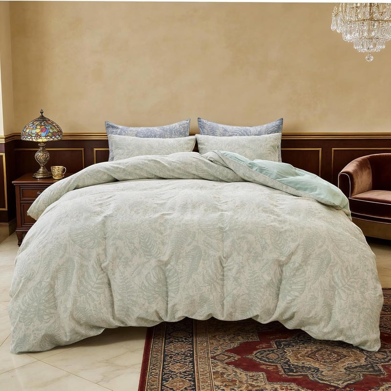Simple&Opulence 100% Cotton Yarn-Dyed Jacquard Duvet Cover Set 135x200cm, 2 Pcs Boho Soft Vintage Various Botanical Patterns Comforter Set with 1 Pillow Sham, Green,Single - Image 2