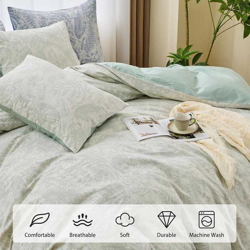 Simple&Opulence 100% Cotton Yarn-Dyed Jacquard Duvet Cover Set 135x200cm, 2 Pcs Boho Soft Vintage Various Botanical Patterns Comforter Set with 1 Pillow Sham, Green,Single - Image 5