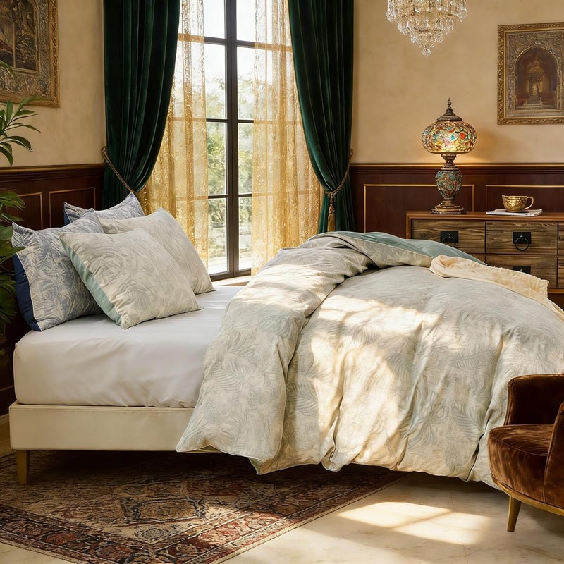 Simple&Opulence 100% Cotton Yarn-Dyed Jacquard Duvet Cover Set 135x200cm, 2 Pcs Boho Soft Vintage Various Botanical Patterns Comforter Set with 1 Pillow Sham, Green,Single - Image 3