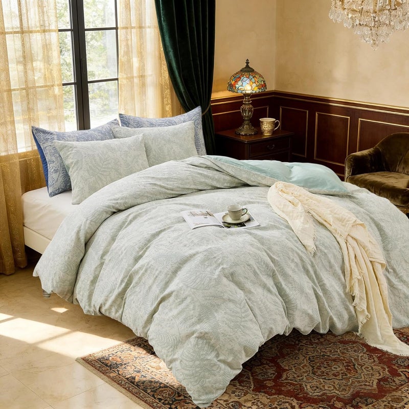 Simple&Opulence 100% Cotton Yarn-Dyed Jacquard Duvet Cover Set 135x200cm, 2 Pcs Boho Soft Vintage Various Botanical Patterns Comforter Set with 1 Pillow Sham, Green,Single - Image 1