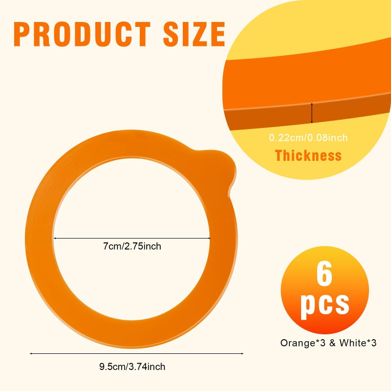 JINUYYNA 3.75 Inches Diameter Rubber Seals for Glass Jars, 6 Pcs Food Grade Airtight Replacemen Silicone Jar Gaskets, Leakproof Gasket Sealing Rings for Canning Mason Jars, Fits Most Sizes (White and Orange) - Image 2