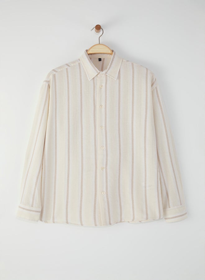 trendyol Ecru Regular Fit Striped Etamine Textured Shirt - Image 1