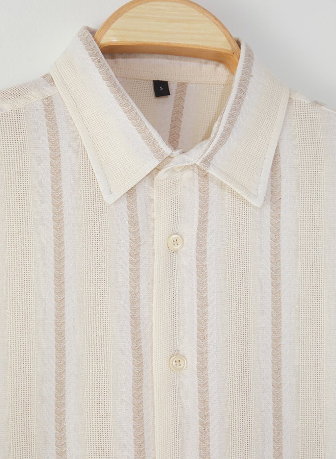 trendyol Ecru Regular Fit Striped Etamine Textured Shirt - Image 2