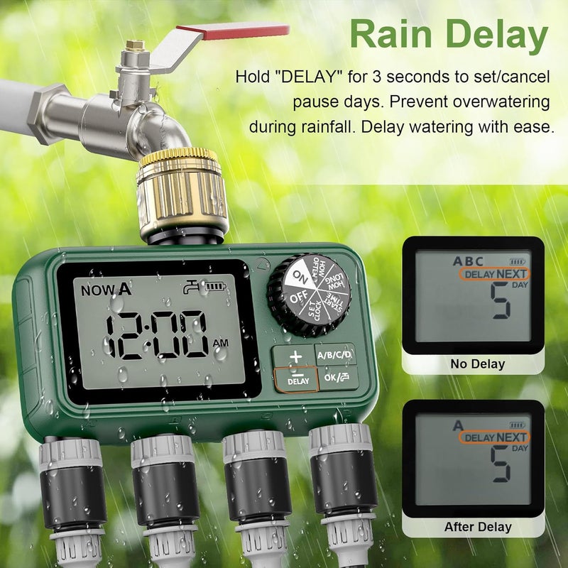 XinFuture Sprinkler Timer, Large LCD display 4 Zone,Water Timer,with Rain Delay, Manual & Automatic Watering System for Garden Hose Faucet, Outdoor Irrigation Controlle - Image 4