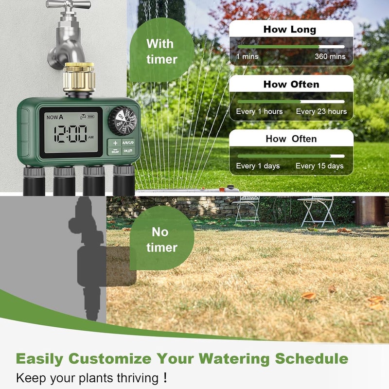 XinFuture Sprinkler Timer, Large LCD display 4 Zone,Water Timer,with Rain Delay, Manual & Automatic Watering System for Garden Hose Faucet, Outdoor Irrigation Controlle - Image 3