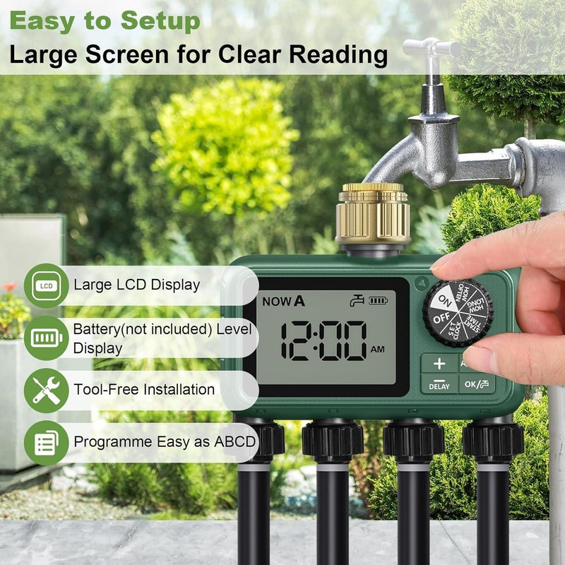 XinFuture Sprinkler Timer, Large LCD display 4 Zone,Water Timer,with Rain Delay, Manual & Automatic Watering System for Garden Hose Faucet, Outdoor Irrigation Controlle - Image 2