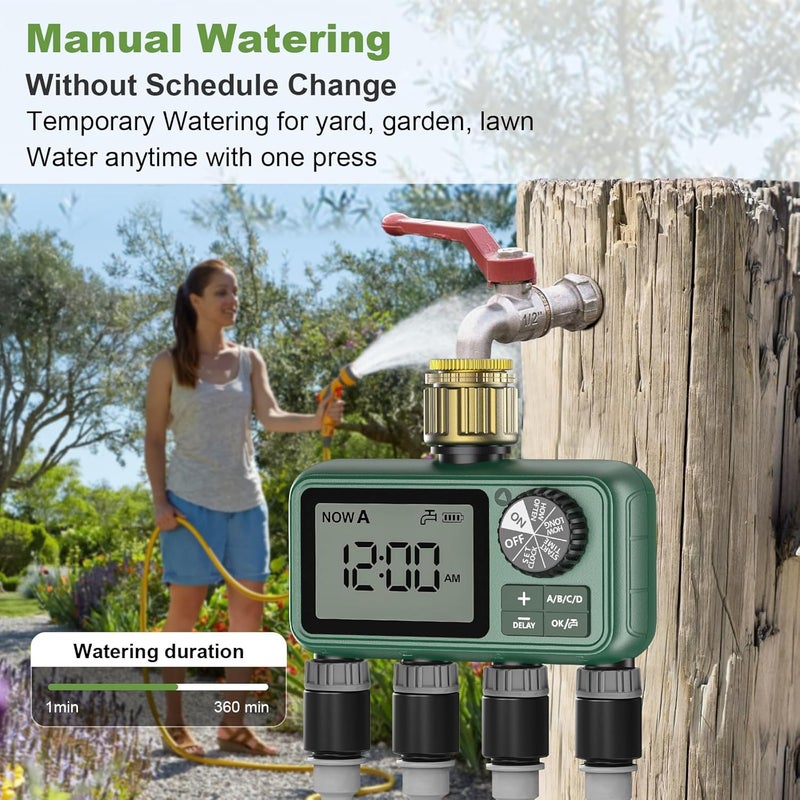 XinFuture Sprinkler Timer, Large LCD display 4 Zone,Water Timer,with Rain Delay, Manual & Automatic Watering System for Garden Hose Faucet, Outdoor Irrigation Controlle - Image 5