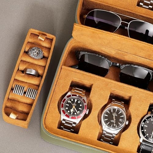 ROTHWELL 8 Watch Travel Case Storage Organizer for 8 Watches, Sunglasses, Rings & Cufflinks |Tough Portable Protection with Zipper Fits Most Wristwatches & Smart Watches Up to 50mm (Green/Tan) - Image 4