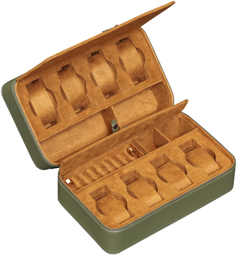 ROTHWELL 8 Watch Travel Case Storage Organizer for 8 Watches, Sunglasses, Rings & Cufflinks |Tough Portable Protection with Zipper Fits Most Wristwatches & Smart Watches Up to 50mm (Green/Tan) - Image 1