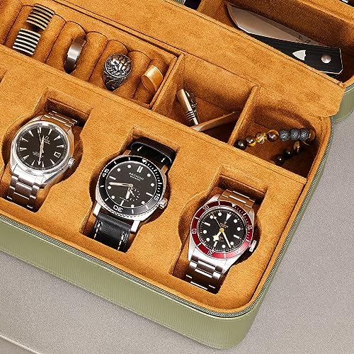 ROTHWELL 8 Watch Travel Case Storage Organizer for 8 Watches, Sunglasses, Rings & Cufflinks |Tough Portable Protection with Zipper Fits Most Wristwatches & Smart Watches Up to 50mm (Green/Tan) - Image 5