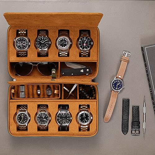 ROTHWELL 8 Watch Travel Case Storage Organizer for 8 Watches, Sunglasses, Rings & Cufflinks |Tough Portable Protection with Zipper Fits Most Wristwatches & Smart Watches Up to 50mm (Green/Tan) - Image 2