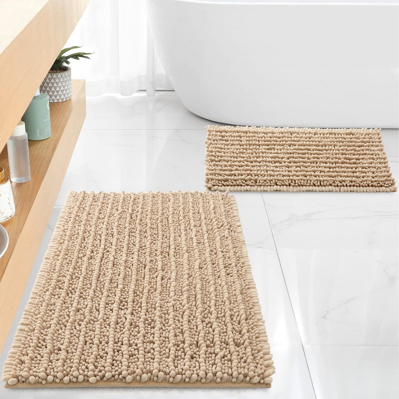 Floleopa الفاخرة Chenille Beige Bathrate Rugs الحصير حماسات حمام ناعمة وامتصاص سجاد الحمام غير المتزلج غسل الحصير الجاف (32 "" x20 "بالإضافة إلى 17" "x24") - Image 1