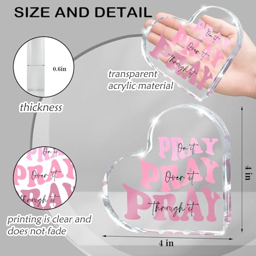 zaxek Pray on it Pray over it Pray through it Heart Acrylic Sign, Mother's Day Decorative, Pink Dorm Room Decor for Women, Pink Office Desk Accessories Decor Sign, Bathroom Acrylic Sign(Heart) - Image 2