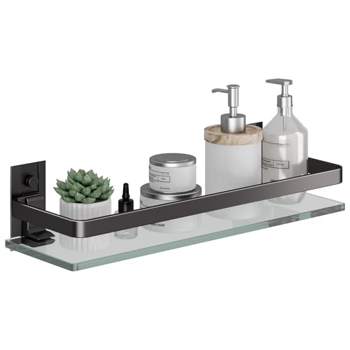Danpoo Clear Tempered Glass Wall Shelf WallMounted Organizer for Bathroom KitchenMatte Black - Image 1