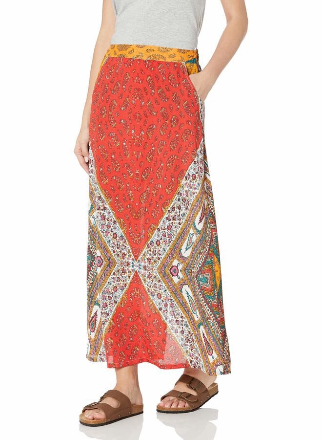 Angie Juniors Printed Long Skirt, Red, Small - Image 1