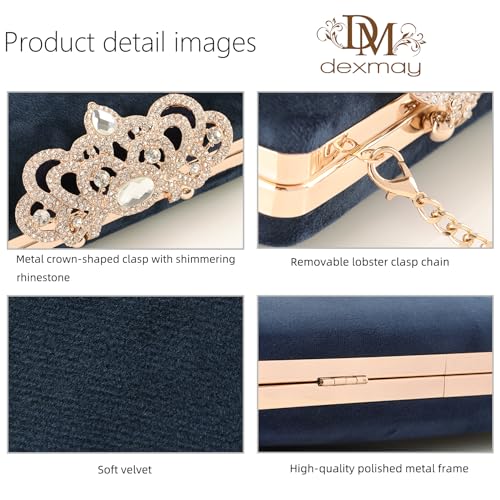 DEXMAY DM Dexmay Velvet Clutch with Rhinestone Crystal Crown Clasp Evening Bag for Formal Party Blue Medium - Image 4