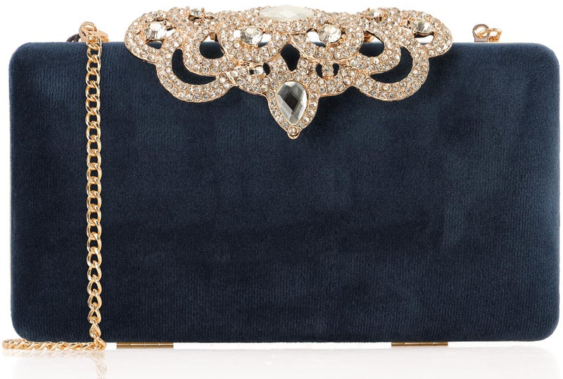 DEXMAY DM Dexmay Velvet Clutch with Rhinestone Crystal Crown Clasp Evening Bag for Formal Party Blue Medium - Image 1
