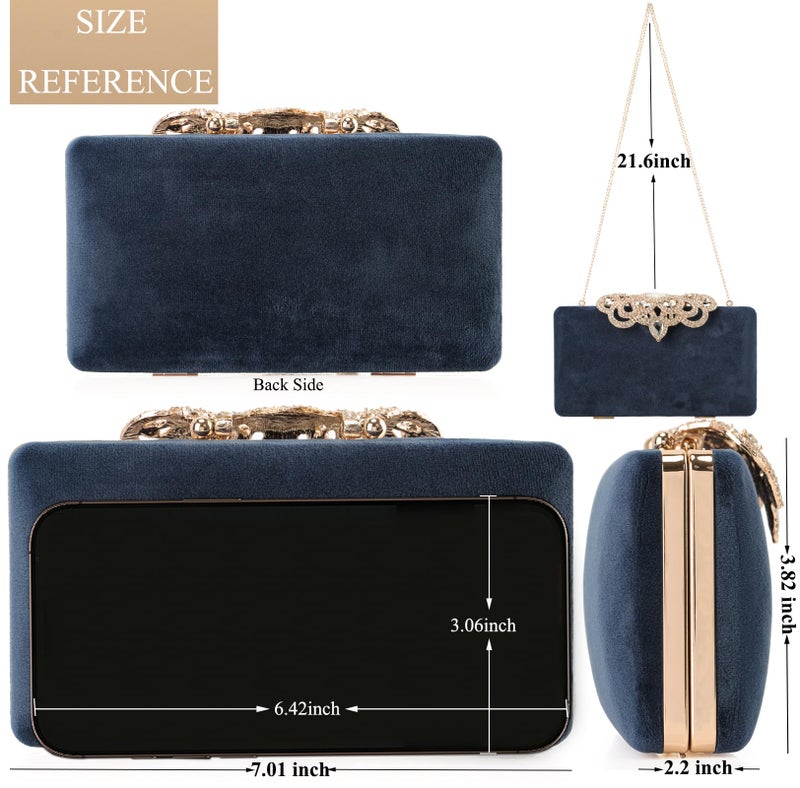 DEXMAY DM Dexmay Velvet Clutch with Rhinestone Crystal Crown Clasp Evening Bag for Formal Party Blue Medium - Image 3