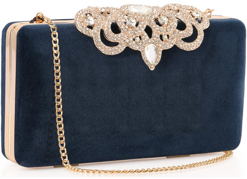 DEXMAY DM Dexmay Velvet Clutch with Rhinestone Crystal Crown Clasp Evening Bag for Formal Party Blue Medium - Image 2