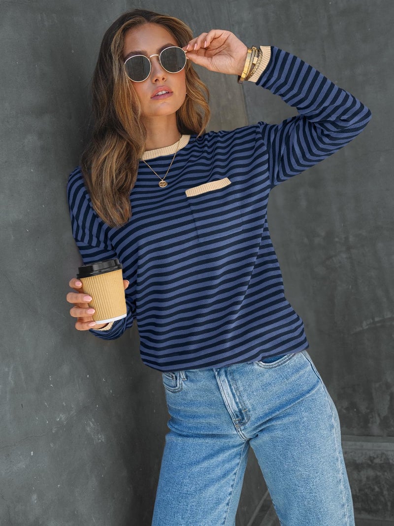 LILLUSORY Womens Sweaters 2025 Early Fall Fashion Must Have Clothes Outfits Striped Lightweight Oversized Ladies Cute Teacher Work Office Pullover Crewneck Long Sleeve Trendy Old Money Tops Clothing - Image 2