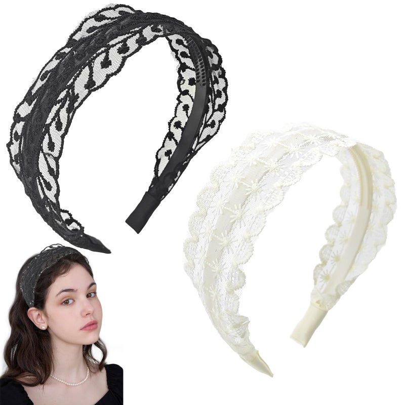 2 PACK Lace Headbands for Women Embroidered Headbands Vintage Floral Embroidered Head Bands Fashion Lace Hairbands Elastic Hairbands Accessories for Women