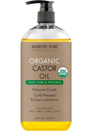 Majestic Pure Organic Castor Oil | 473 ML Large | Cold Pressed & 100% Pure | Hexane Free | Stimulate Growth for Hair, Eyelashes, Eyebrows, Nails | Moisturizing & Nourishing | Body, Hair & Carrier Oil |