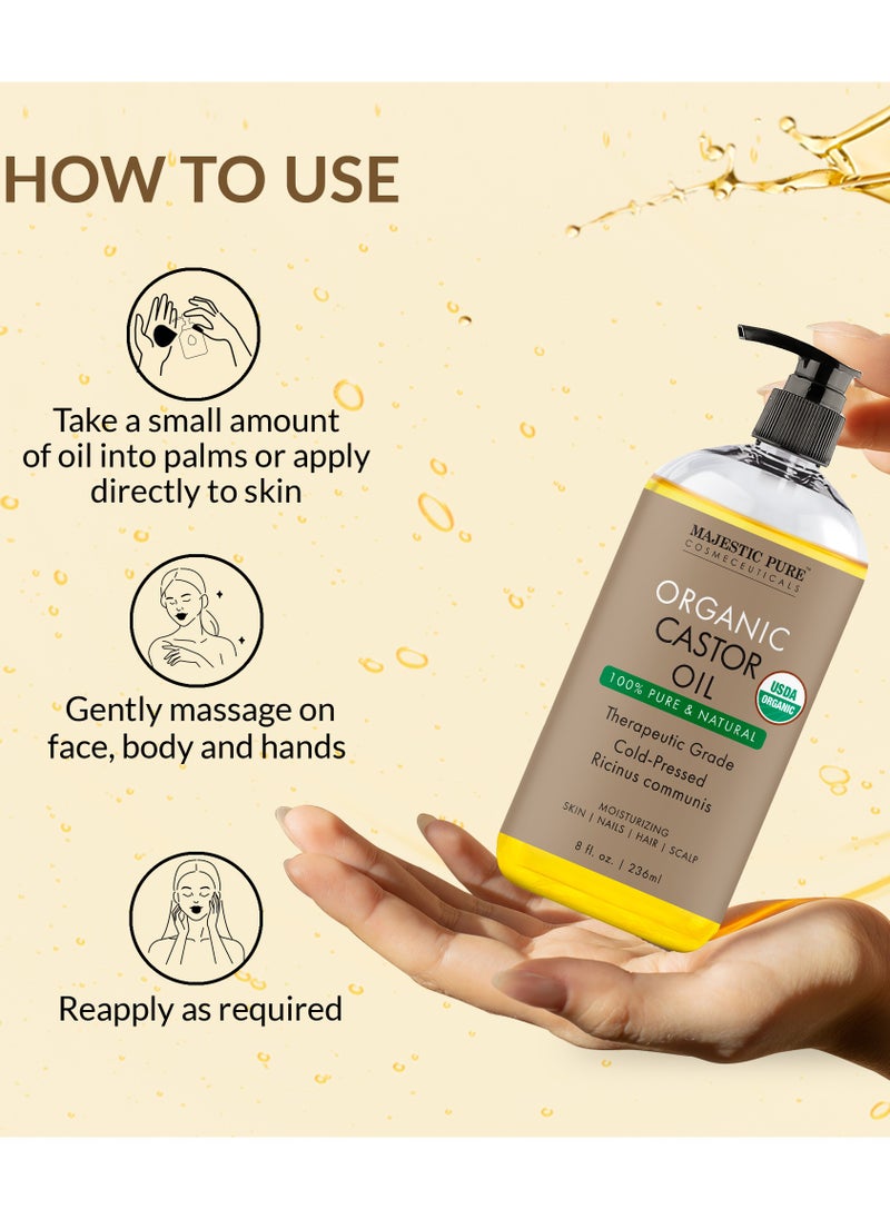 Majestic Pure Organic Castor Oil | 473 ML Large | Cold Pressed & 100% Pure | Hexane Free | Stimulate Growth for Hair, Eyelashes, Eyebrows, Nails | Moisturizing & Nourishing | Body, Hair & Carrier Oil |  - Image 4