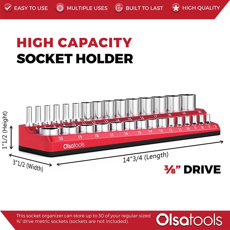 Olsa Tools Magnetic Socket Holder | 3/8-inch Drive | Metric | Red | Holds 30 Sockets | Professional Quality Tools Organizer - Image 3