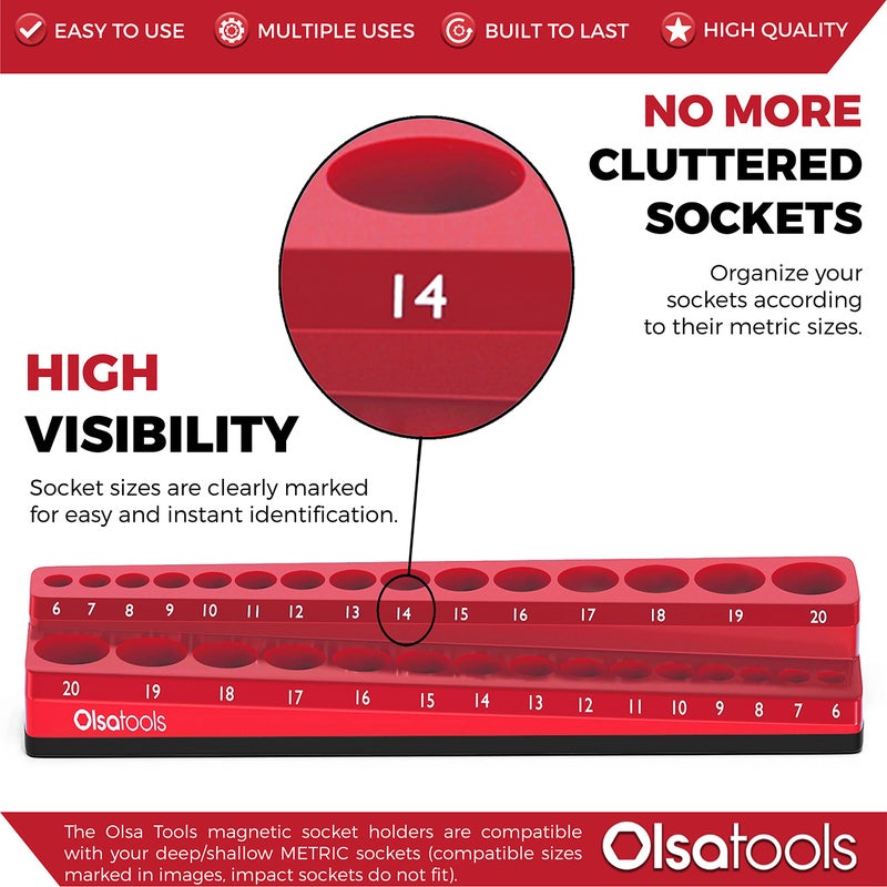 Olsa Tools Magnetic Socket Holder | 3/8-inch Drive | Metric | Red | Holds 30 Sockets | Professional Quality Tools Organizer - Image 2