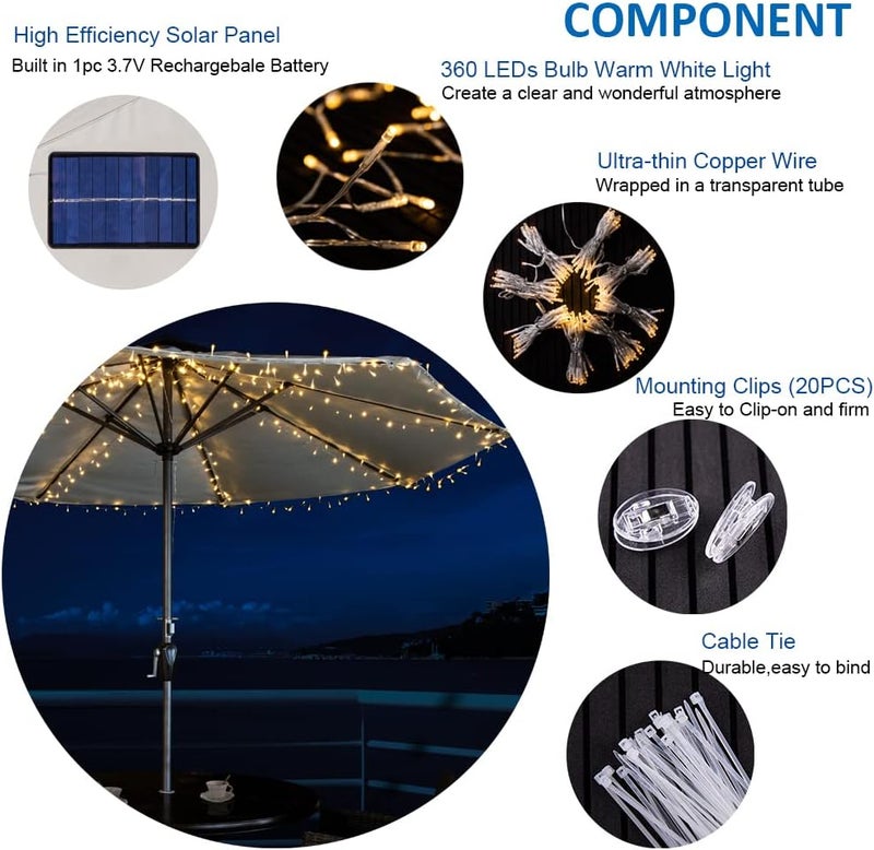 Fortune Patio Umbrella Lights, Solar Waterproof Umbrella String Lights with 360 Warm White LED, Fairy String Lights Perfect for Umbrella Outdoor Garden Decor, Home Garden Wedding Party Christmas - Image 3
