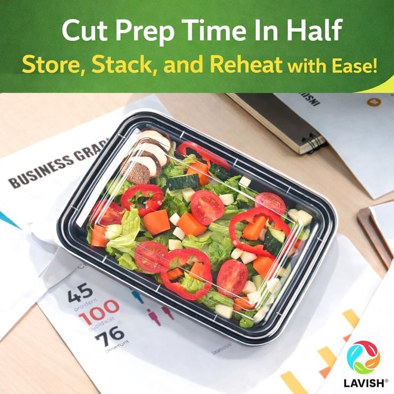 لافيش حاويات طعام مستطيلة الشكل للاستخدام مرة واحدة في الميكروويف مع أغطية | 16 أونصة - عبوة من 5 قطع | حاويات لتحضير الوجبات وتخزين الطعام في المطبخ، علب بلاستيكية للغداء والوجبات الجاهزة - Image 4