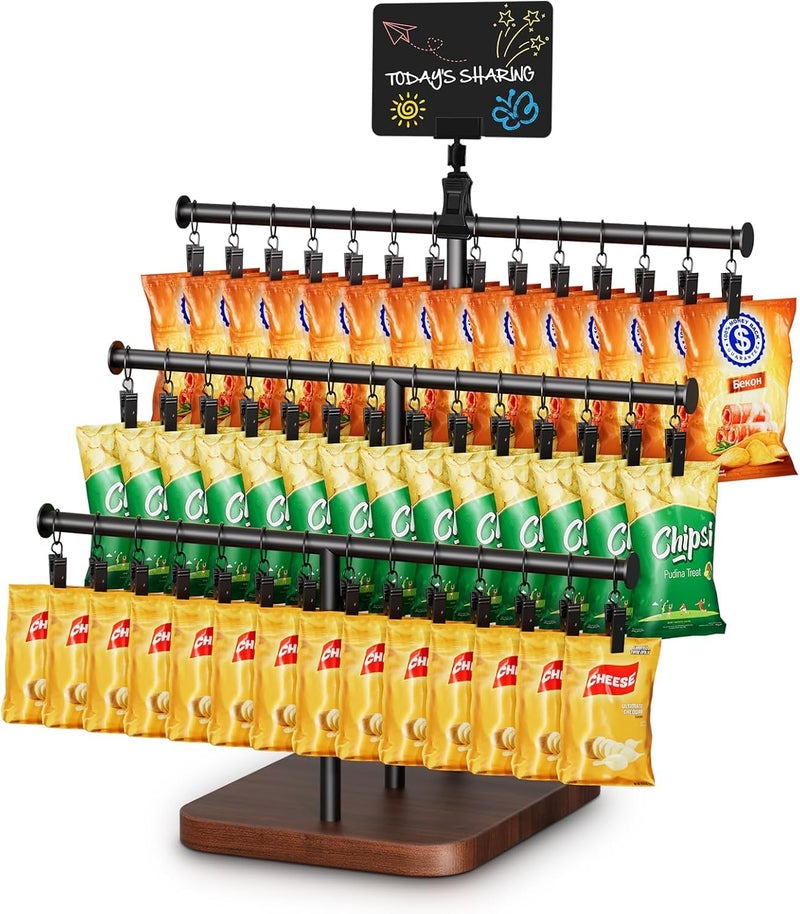 MOJOHAND 3-Tier Snack Display Stand with 42 Adjustable Clips â€“ Durable Countertop Snack Rack Organizer for Retail, Parties & Events â€“ Boost Snack Sales with Pine Wood Base Design - Image 1