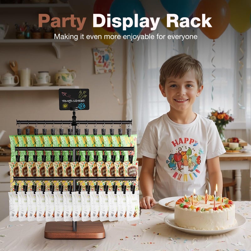 MOJOHAND 3-Tier Snack Display Stand with 42 Adjustable Clips â€“ Durable Countertop Snack Rack Organizer for Retail, Parties & Events â€“ Boost Snack Sales with Pine Wood Base Design - Image 4