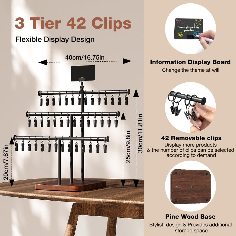 MOJOHAND 3-Tier Snack Display Stand with 42 Adjustable Clips â€“ Durable Countertop Snack Rack Organizer for Retail, Parties & Events â€“ Boost Snack Sales with Pine Wood Base Design - Image 3