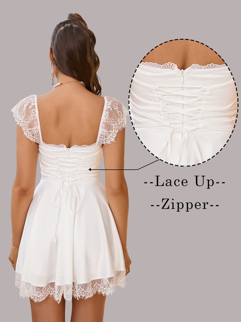 EYNMIN Women's Lace Strap Mini Graduation Dress Satin Square Neck Flowy A-Line Ruffle Swing Casual Short Dresses White S - Image 4