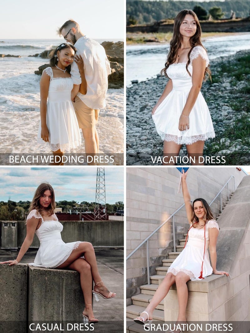 EYNMIN Women's Lace Strap Mini Graduation Dress Satin Square Neck Flowy A-Line Ruffle Swing Casual Short Dresses White S - Image 5