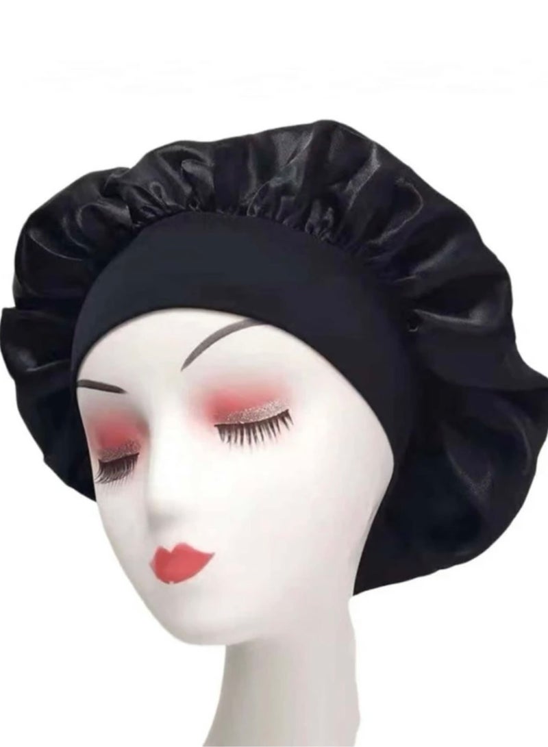 Soft Satin Curly Natural Long Hair Bonnet Cap Black - Image 2