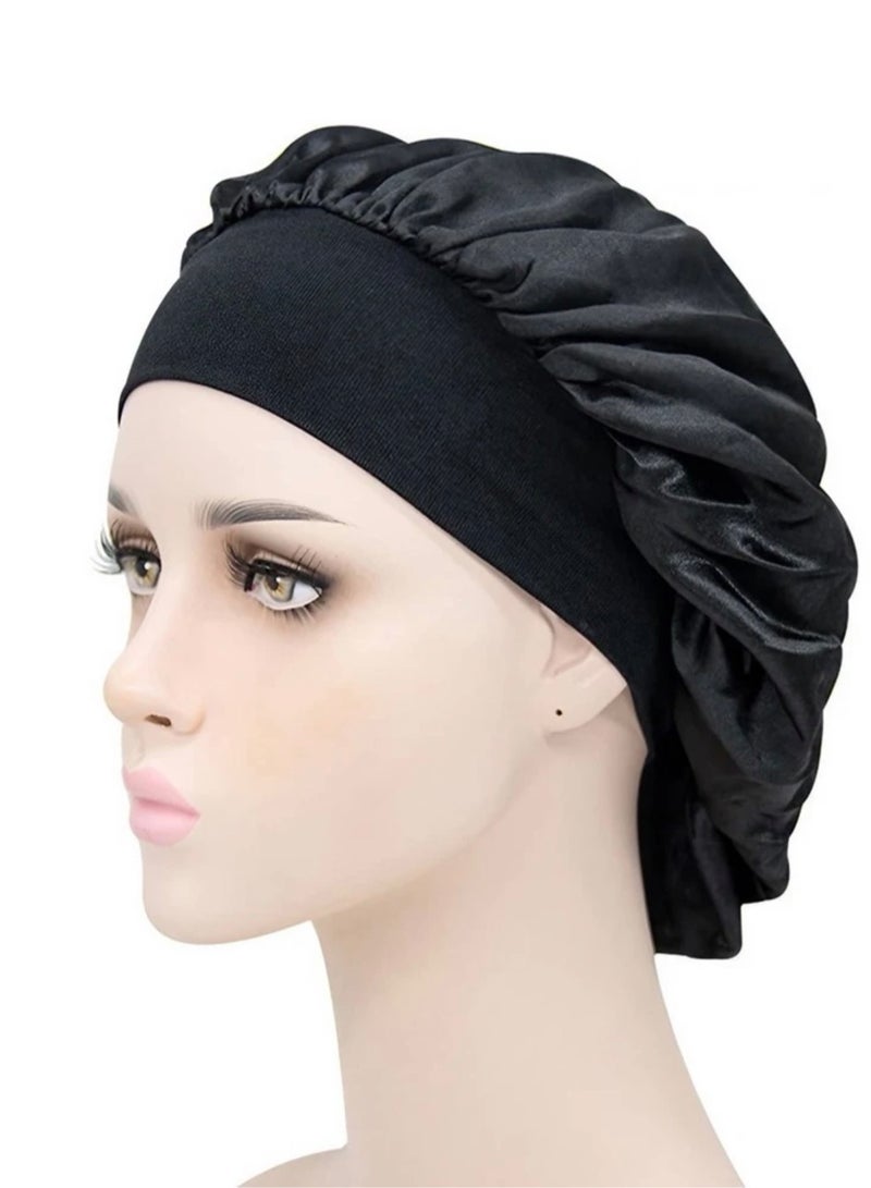 Soft Satin Curly Natural Long Hair Bonnet Cap Black - Image 1