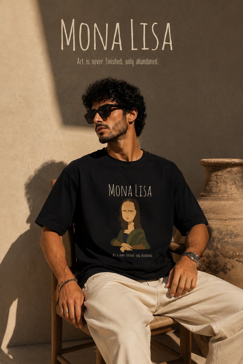 تي شيرت رجالي أسود بقصة واسعة وطبعة موناليزا عصرية، كم قصير، ستايل ستريت وير جذاب - Image 4