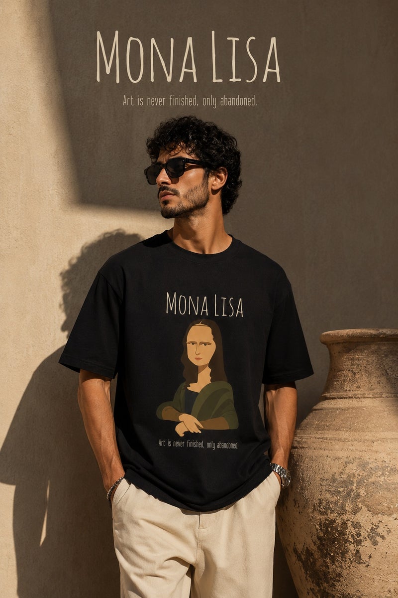 تي شيرت رجالي أسود بقصة واسعة وطبعة موناليزا عصرية، كم قصير، ستايل ستريت وير جذاب - Image 5