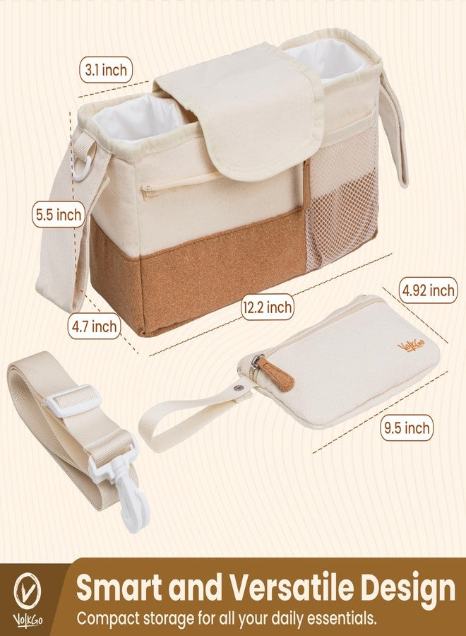V VOLKGO Stroller Caddy with Cup Holder - Stroller Organizer Bag for Baby Travel Gear, Baby Bottle Organizer & Baby Diaper Caddy | Insulated XL 40oz, Detachable Wristlet, Premium Canvas & Natural Cork - Image 3