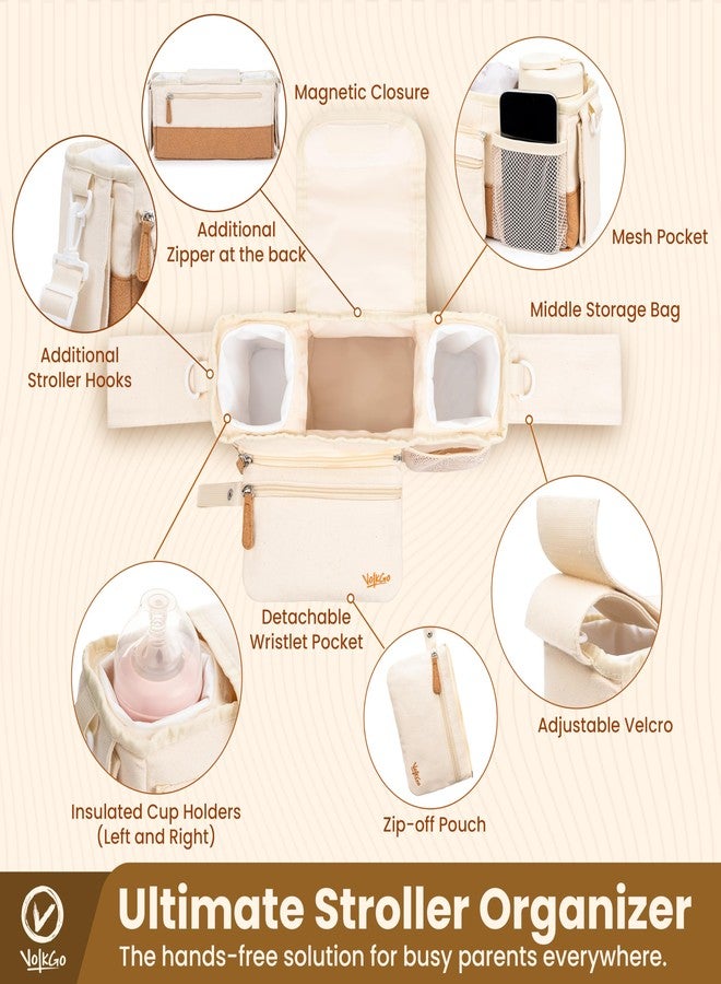 V VOLKGO Stroller Caddy with Cup Holder - Stroller Organizer Bag for Baby Travel Gear, Baby Bottle Organizer & Baby Diaper Caddy | Insulated XL 40oz, Detachable Wristlet, Premium Canvas & Natural Cork - Image 2